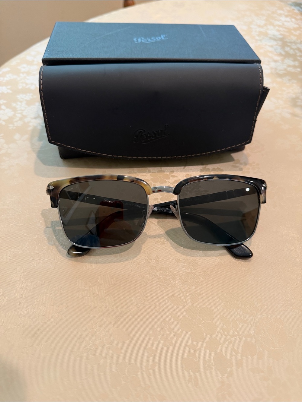 Persol Half-Rim Tortoiseshell Sunglasses with Dark Lenses